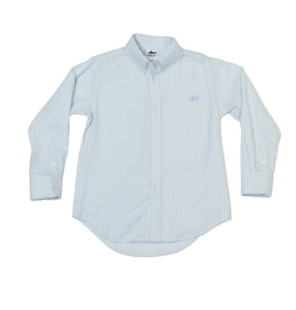 Light blue check Carter Oxford shirt by Saltwater Boys Company, featuring classic button-down style and plaid pattern.