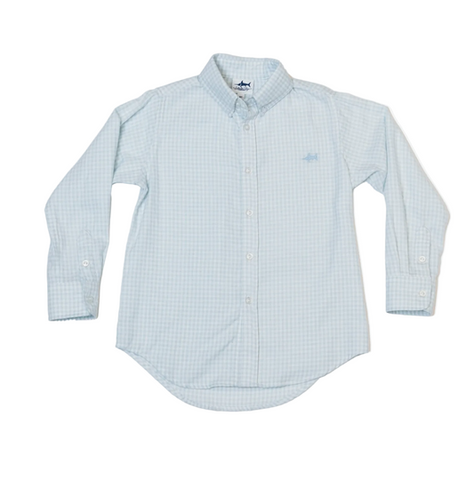 Light blue check Carter Oxford shirt by Saltwater Boys Company, featuring classic button-down style and plaid pattern.