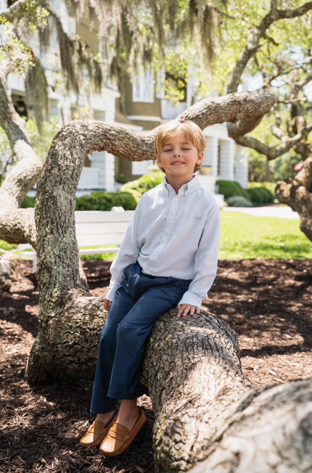 Light blue check Carter Oxford shirt from Saltwater Boys Company showing classic collar and button-front design.