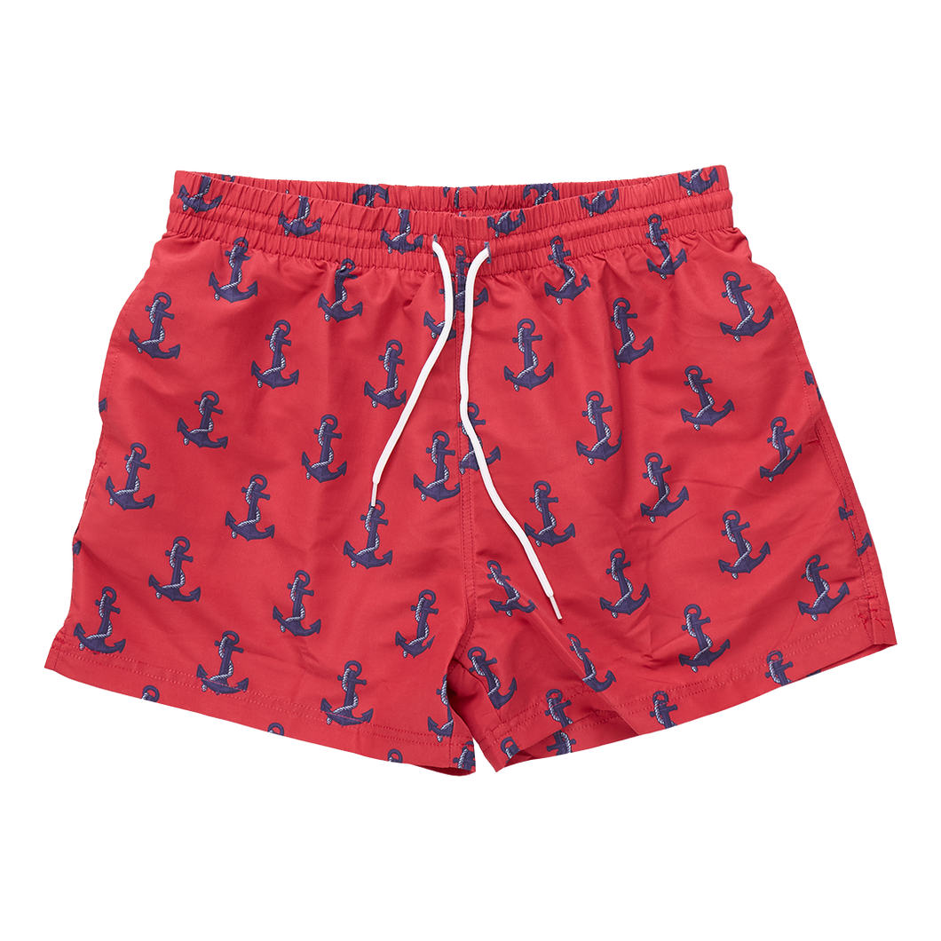 Men's Swim Trunk Red Nautical Anchors
