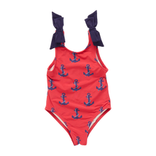 Load image into Gallery viewer, Girls Shelly Swim Suit in Red Nautical Anchors

