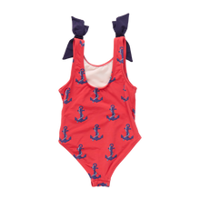 Load image into Gallery viewer, Girls Shelly Swim Suit in Red Nautical Anchors
