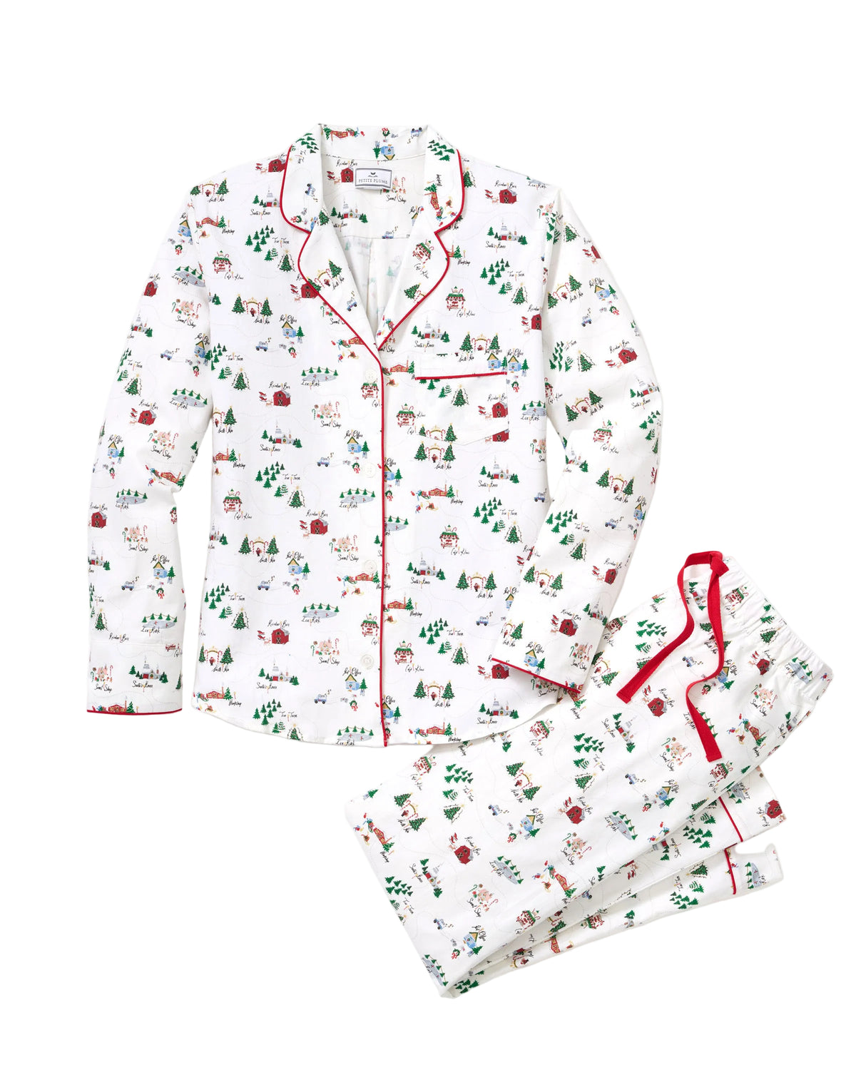 Women's twill pajama set in North Pole Chronicles by Petite Plume, featuring cozy pajama top and matching pants in festive print.