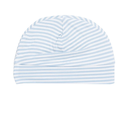 Angel Dear Dream Blue Stripe Beanie Hat featuring a soft knit fabric with blue and white stripes, perfect for cozy winter wear.