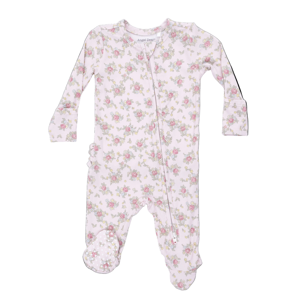 Angel Dear Edith's Rose Garden 2-Way Ruffle Back Zipper Footie for infants, featuring floral print and soft cotton fabric.