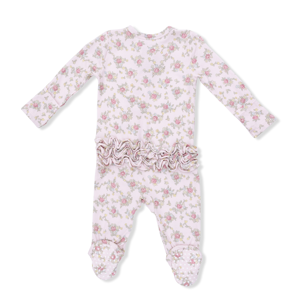 Angel Dear Edith's Rose Garden 2-Way Ruffle Back Zipper Footie for infants, soft pink fabric with floral pattern and ruffle details.