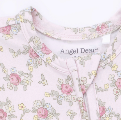 Angel Dear Edith's Rose Garden 2-Way Ruffle Back Zipper Footie for babies, pink floral print with ruffles and zipper closure.