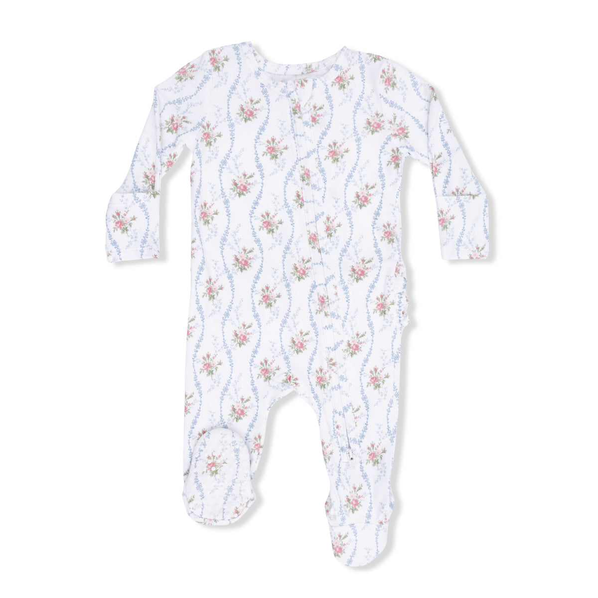 Angel Dear heirloom rose stripe 2-way ruffle back zipper footie for babies, featuring soft fabric and adorable design.