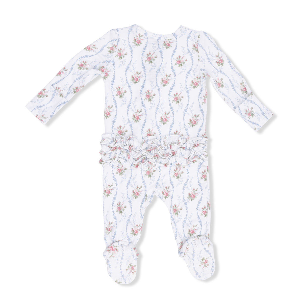 Angel Dear baby footie in Heirloom Rose Stripe with ruffle back, zipper closure, designed for 0-3 months old.