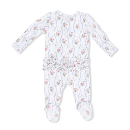 Angel Dear baby footie in Heirloom Rose Stripe with ruffle back, zipper closure, designed for 0-3 months old.