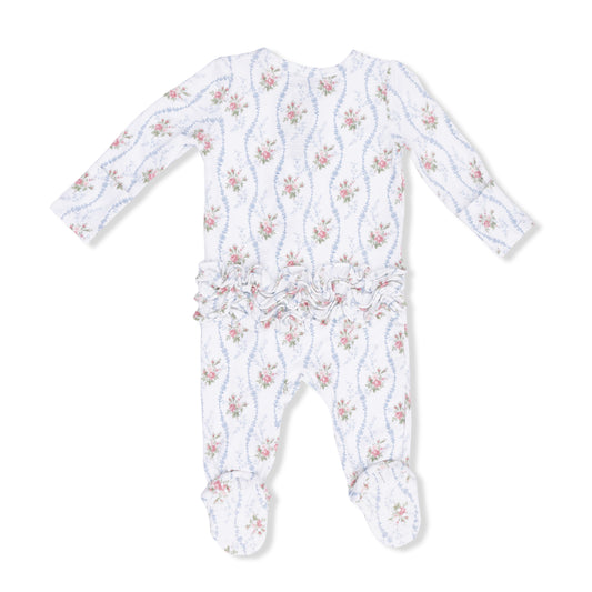 Angel Dear heirloom rose stripe 2-way ruffle back zipper footie for infants, soft fabric with floral pattern and convenient zipper closure.