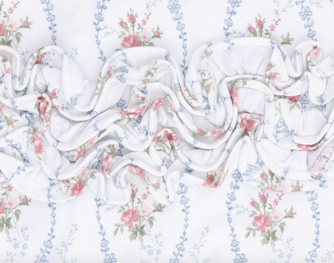 Angel Dear heirloom rose stripe 2-way ruffle back zipper footie for 0-3 months, soft fabric with adorable ruffle details.