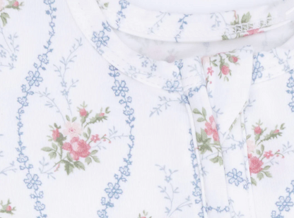 Angel Dear 0-3M heirloom rose stripe footie with ruffle back and 2-way zipper for easy dressing and comfort.