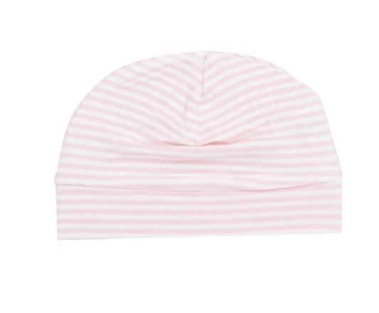 Pink and white striped Angel Dear beanie hat with a soft, cozy knit design for infants or young children.