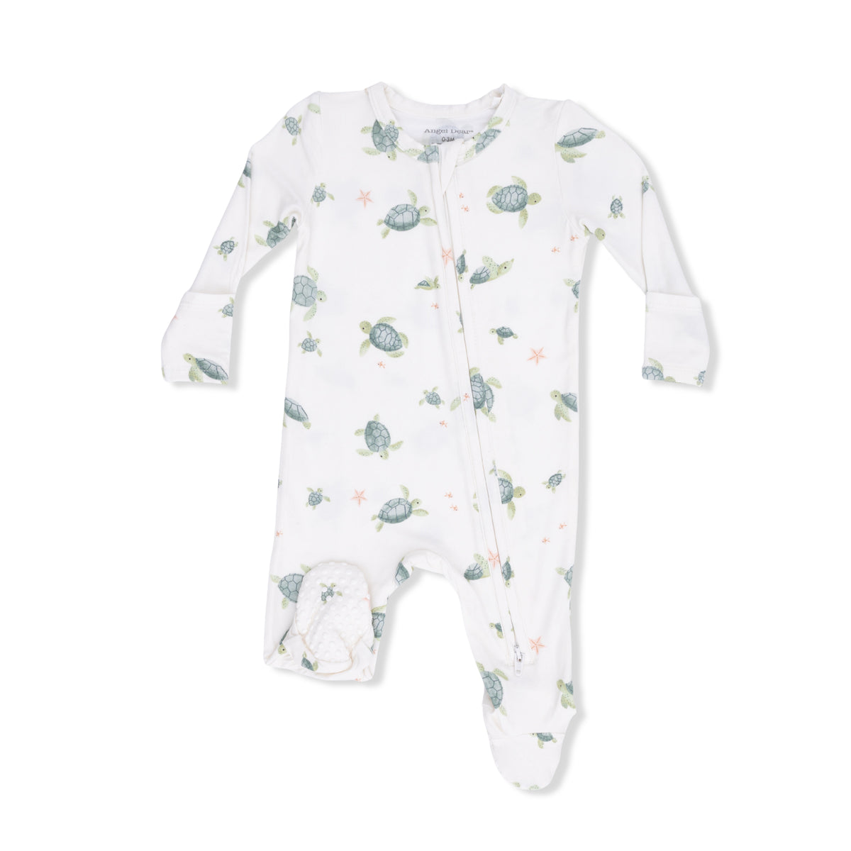 Angel Dear baby footie with sea turtle print, 2-way zipper, soft fabric, designed for infants aged 0-3 months.