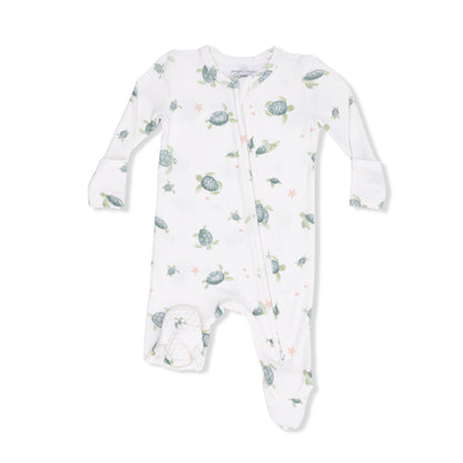 Angel Dear baby footie with sea turtle print, 2-way zipper, soft fabric, designed for infants aged 0-3 months.