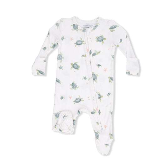 Angel Dear Sea Turtle 2-Way Zip Baby Footie with sea turtle print, soft fabric, and front zipper for easy dressing.