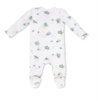 Angel Dear baby sea turtle footie with 2-way zipper, soft fabric, suitable for newborns and infants, featuring a cute sea turtle design.