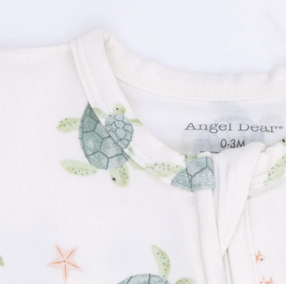 Angel Dear Sea Turtle 2-Way Zip Baby Footie in soft fabric with sea turtle print for infants aged 0-3 months.