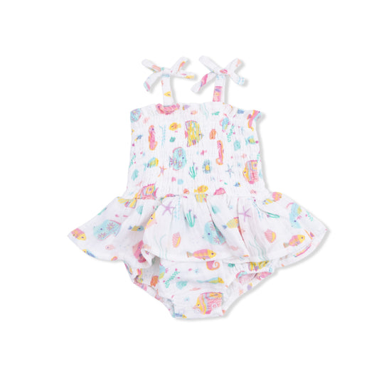 Angel Dear Sunny Coral Reef Fish smocked bubble with skirt for babies, featuring colorful fish print and comfortable design