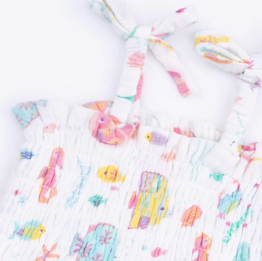 Angel Dear Sunny Coral Reef Fish smocked bubble with matching skirt for babies, featuring colorful reef fish design and soft fabric.