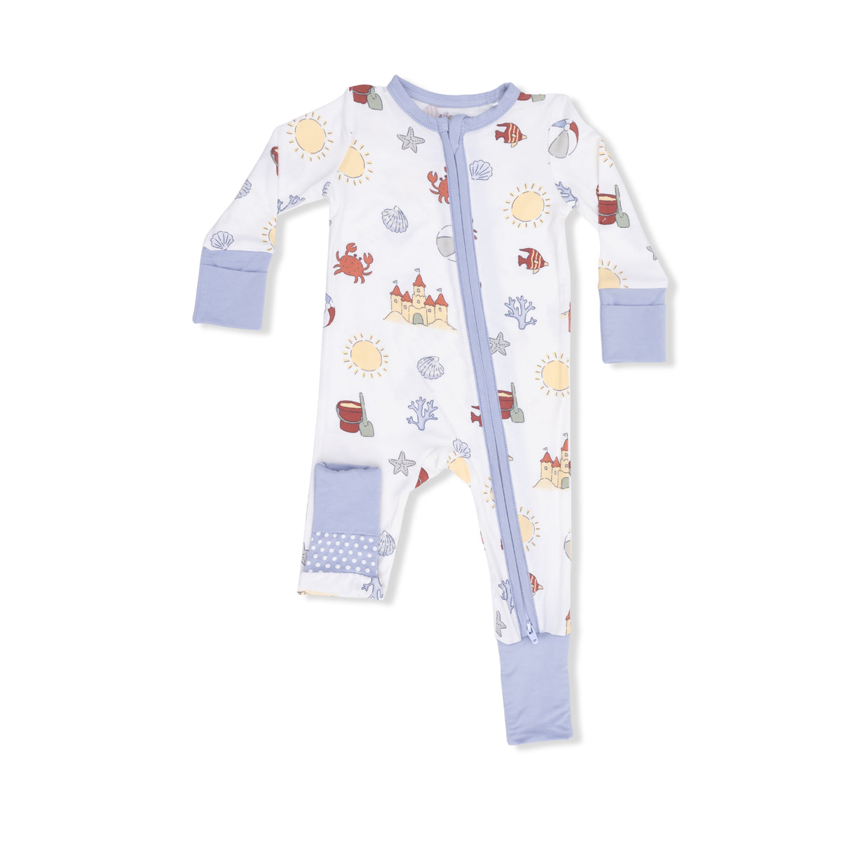 Pink Sunny Sandcastles convertible romper for infants by Angel Dear, featuring a playful sun and castle print on soft fabric.