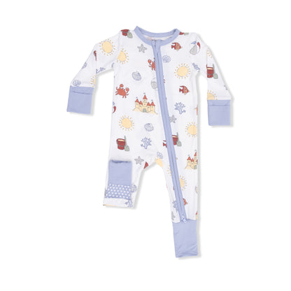 Pink Sunny Sandcastles convertible romper for infants by Angel Dear, featuring a playful sun and castle print on soft fabric.