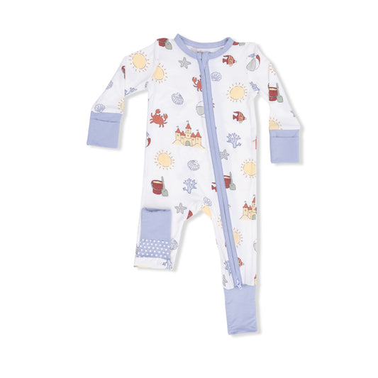 Angel Dear Sunny Sandcastles convertible romper for babies, featuring a colorful sandcastle print and soft, comfortable fabric.