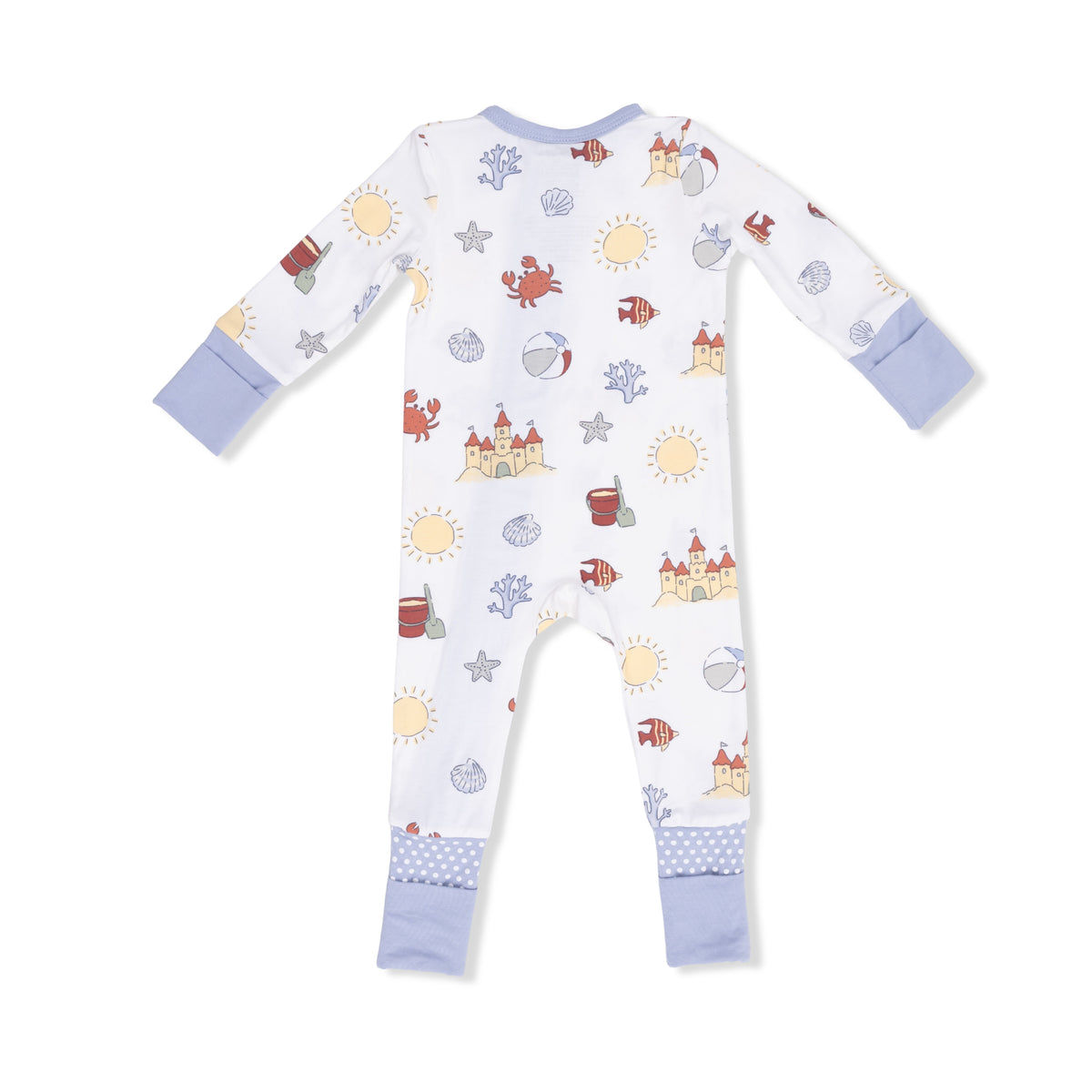 Angel Dear Sunny Sandcastles convertible romper for infants, featuring a colorful sandcastle pattern and soft, comfortable fabric.