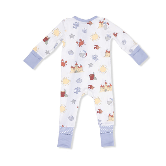 Angel Dear Sunny Sandcastles convertible romper for babies, featuring a colorful sandcastle print and soft fabric.