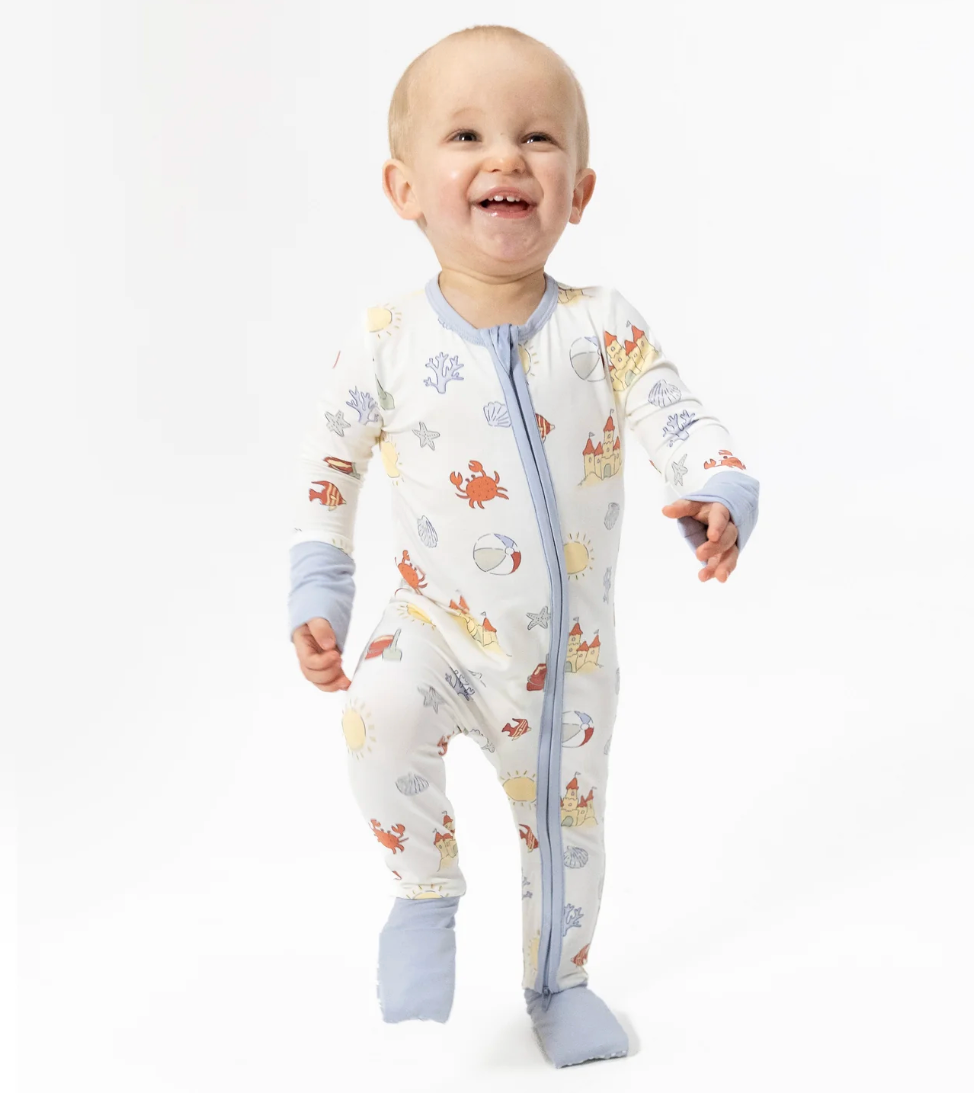Angel Dear Sunny Sandcastles convertible romper for babies, featuring playful sandcastle print and soft cotton fabric.