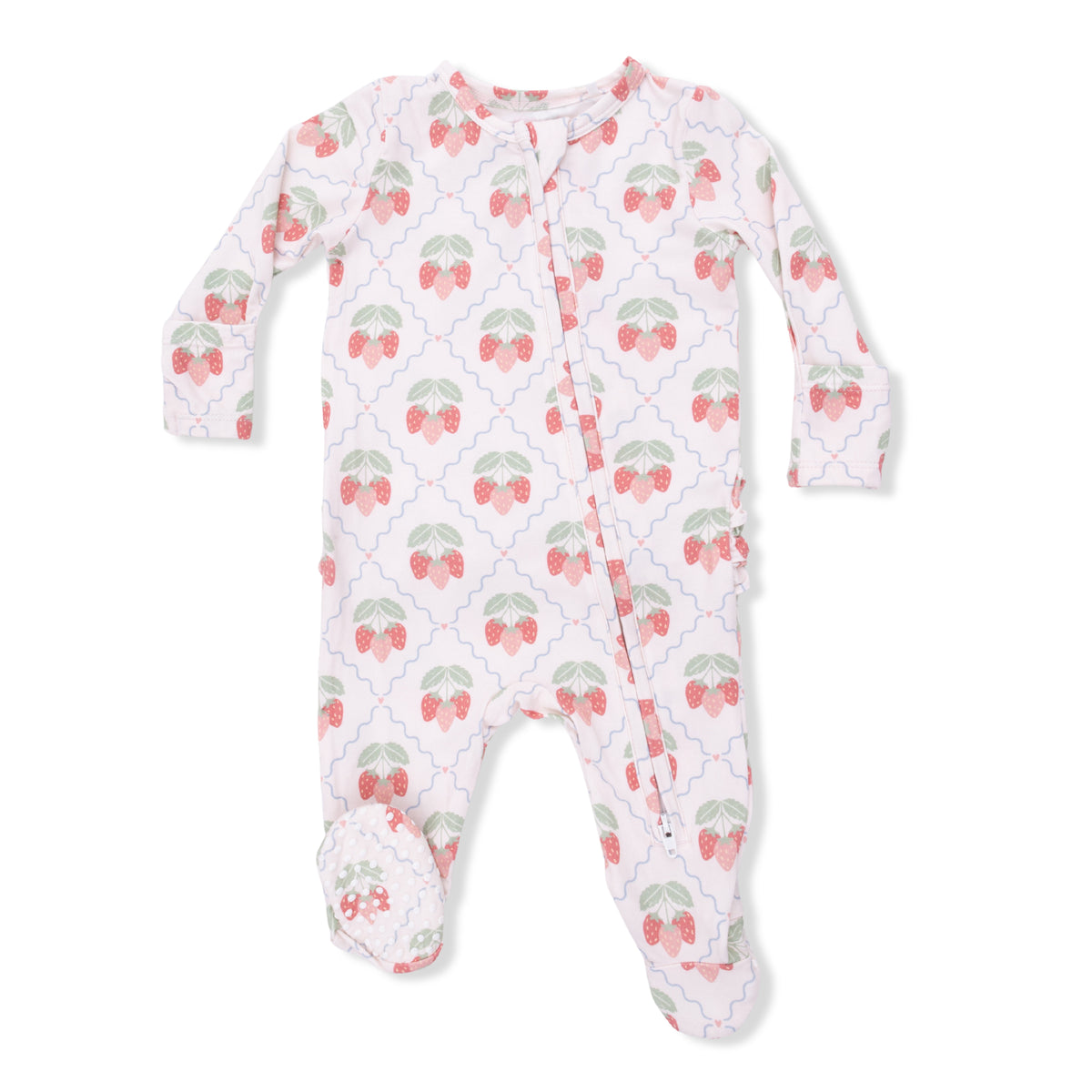 Angel Dear sweet strawberries 2-way ruffle back zipper footie for infants, featuring adorable strawberry print and comfortable design.