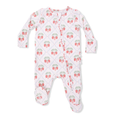 Angel Dear sweet strawberries 2-way ruffle back zipper footie for infants, featuring adorable strawberry print and comfortable design.