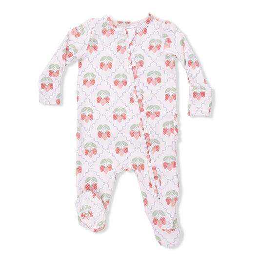Angel Dear sweet strawberries 2-way ruffle back zipper footie for infants, featuring adorable strawberry print and comfortable design.