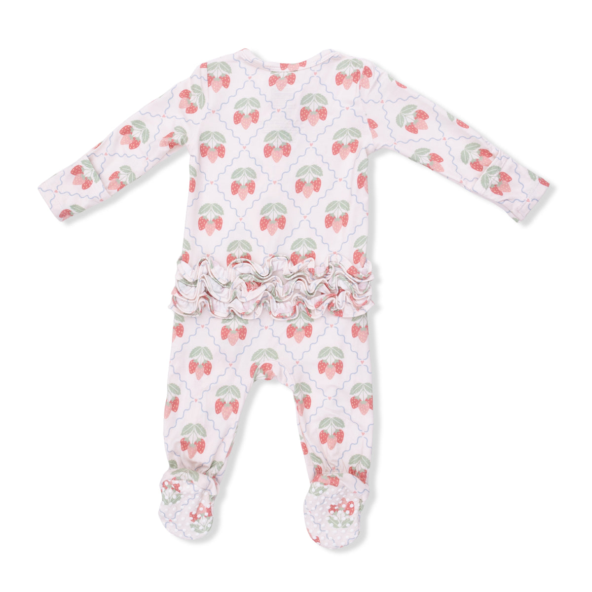 Angel Dear Sweet Strawberries 2-Way Ruffle Back Zipper Footie for infants, featuring strawberry print and soft fabric.