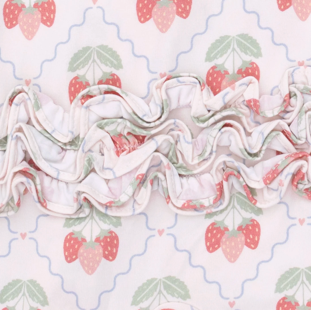Angel Dear Sweet Strawberries 2-Way Ruffle Back Zipper Footie for infants, featuring strawberries and soft fabric.