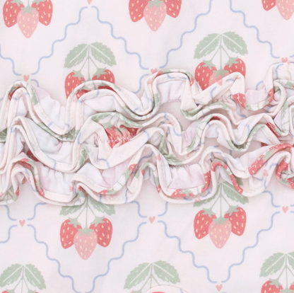 Angel Dear Sweet Strawberries 2-Way Ruffle Back Zipper Footie for infants, featuring strawberries and soft fabric.