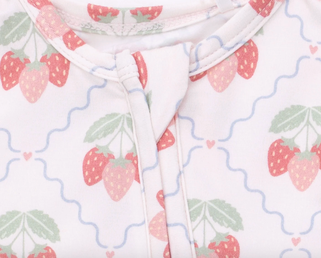 Angel Dear sweet strawberries 2-way ruffle back zipper footie for infants, featuring strawberry print and soft fabric for comfort.