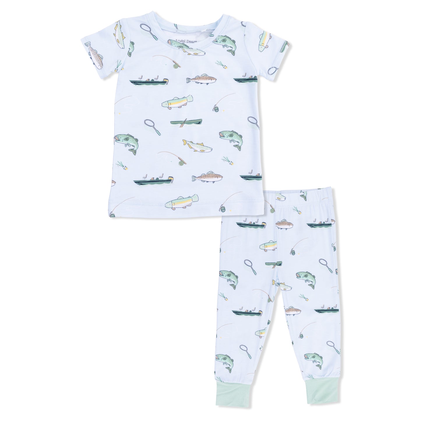 Angel Dear fishing short sleeve loungewear set featuring a comfortable, casual design with a lightweight fabric and fishing-themed print.