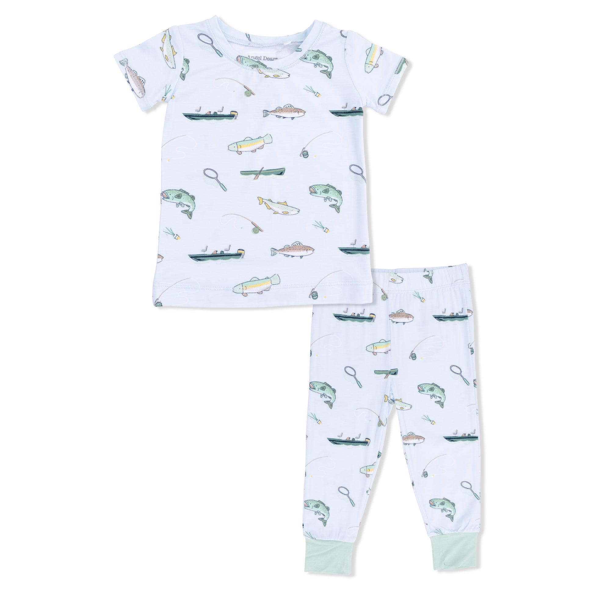 Angel Dear fishing short sleeve loungewear set featuring a comfortable, casual design with a lightweight fabric and fishing-themed print.