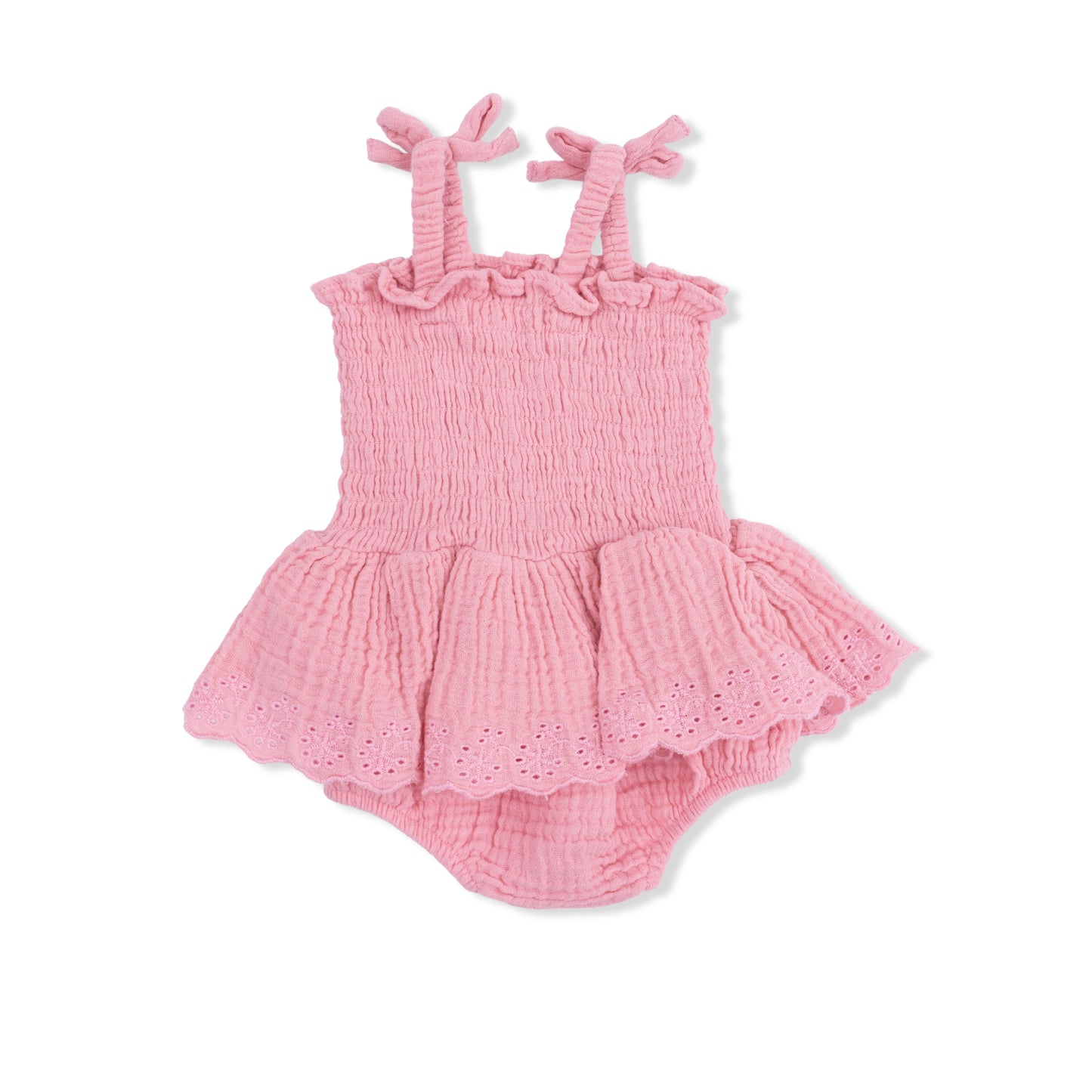Angel Dear pink muslin smocked bubble with matching skirt for infants, soft and comfortable baby clothing set.