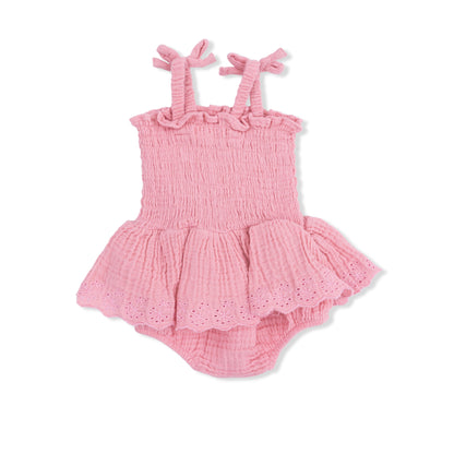 Angel Dear pink muslin smocked bubble with matching skirt for infants, soft and comfortable baby clothing set.
