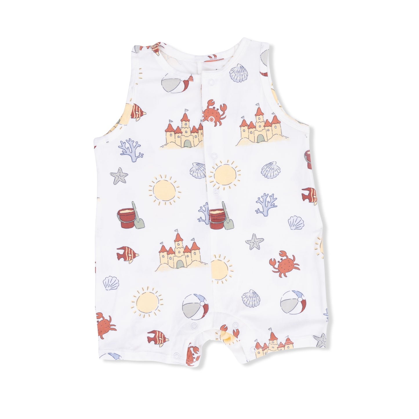 Angel Dear Sunny Sandcastles sleeveless shortie romper for babies, featuring colorful sandcastle print and soft fabric.