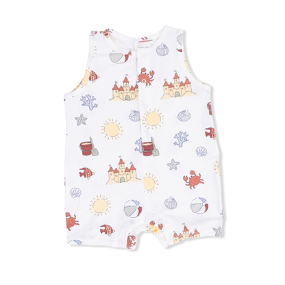 Angel Dear Sunny Sandcastles sleeveless shortie romper for babies, featuring colorful sandcastle print and soft fabric.