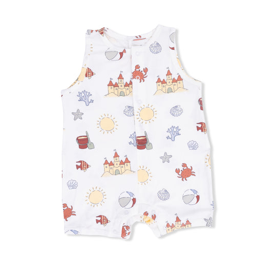 Angel Dear Sunny Sandcastles sleeveless shortie romper for babies, featuring colorful sandcastle print and soft fabric.