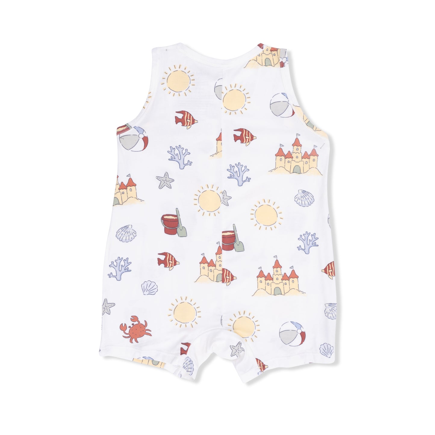 Angel Dear Sunny Sandcastles sleeveless shortie romper for babies, featuring a colorful sandcastle print and soft cotton fabric.