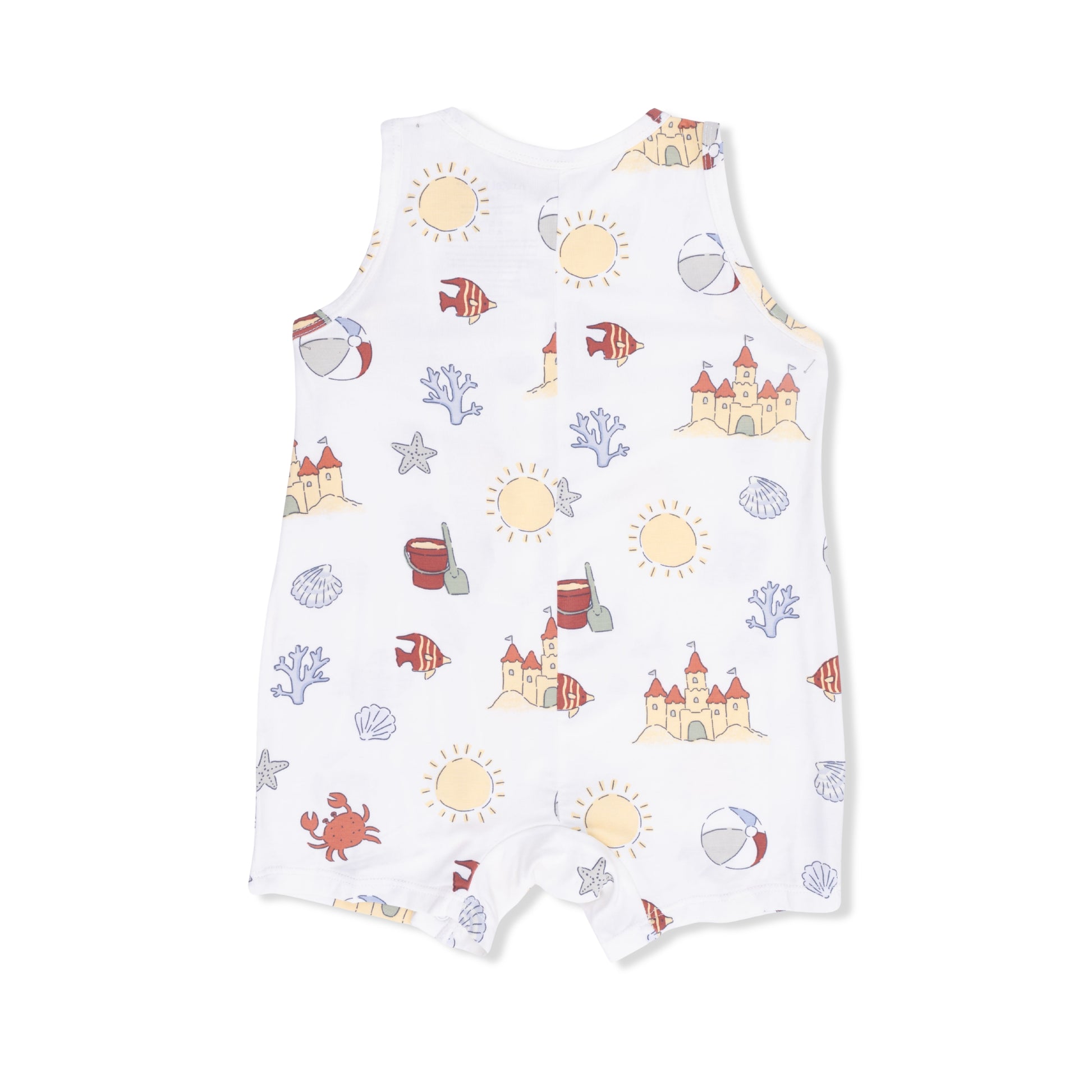 Angel Dear Sunny Sandcastles sleeveless shortie romper for babies, featuring a colorful sandcastle print and soft cotton fabric.