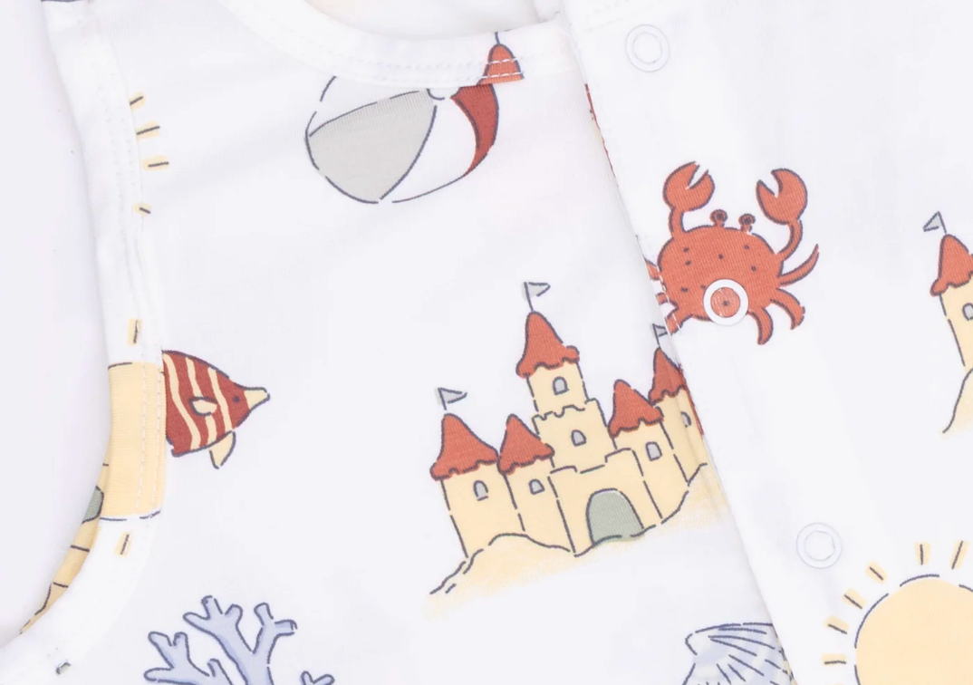 Angel Dear Sunny Sandcastles sleeveless shortie romper for babies, featuring a colorful sandcastle print on soft fabric.
