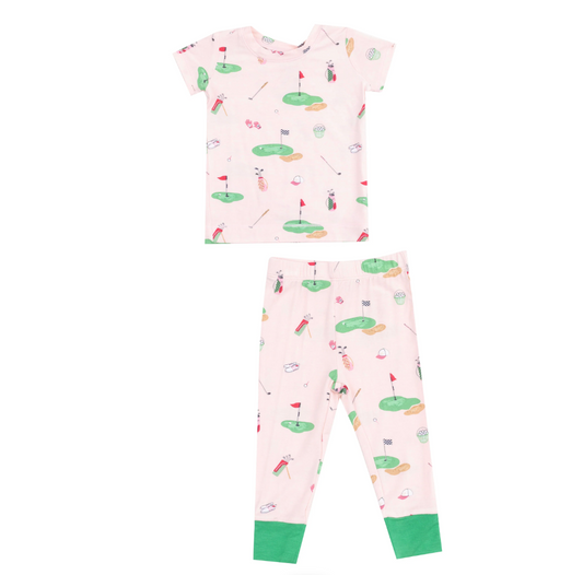 Pink pajama set for golf-themed sleepwear by Angel Dear, featuring a comfortable, cozy design perfect for bedtime.