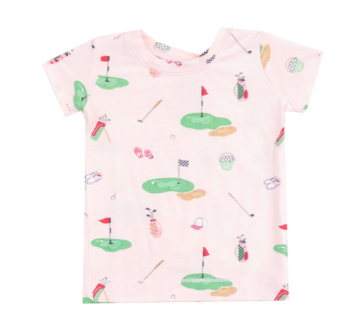 Angel Dear Pink Pajama Set for kids featuring playful golf-themed design, soft fabric, and cozy fit for bedtime comfort.